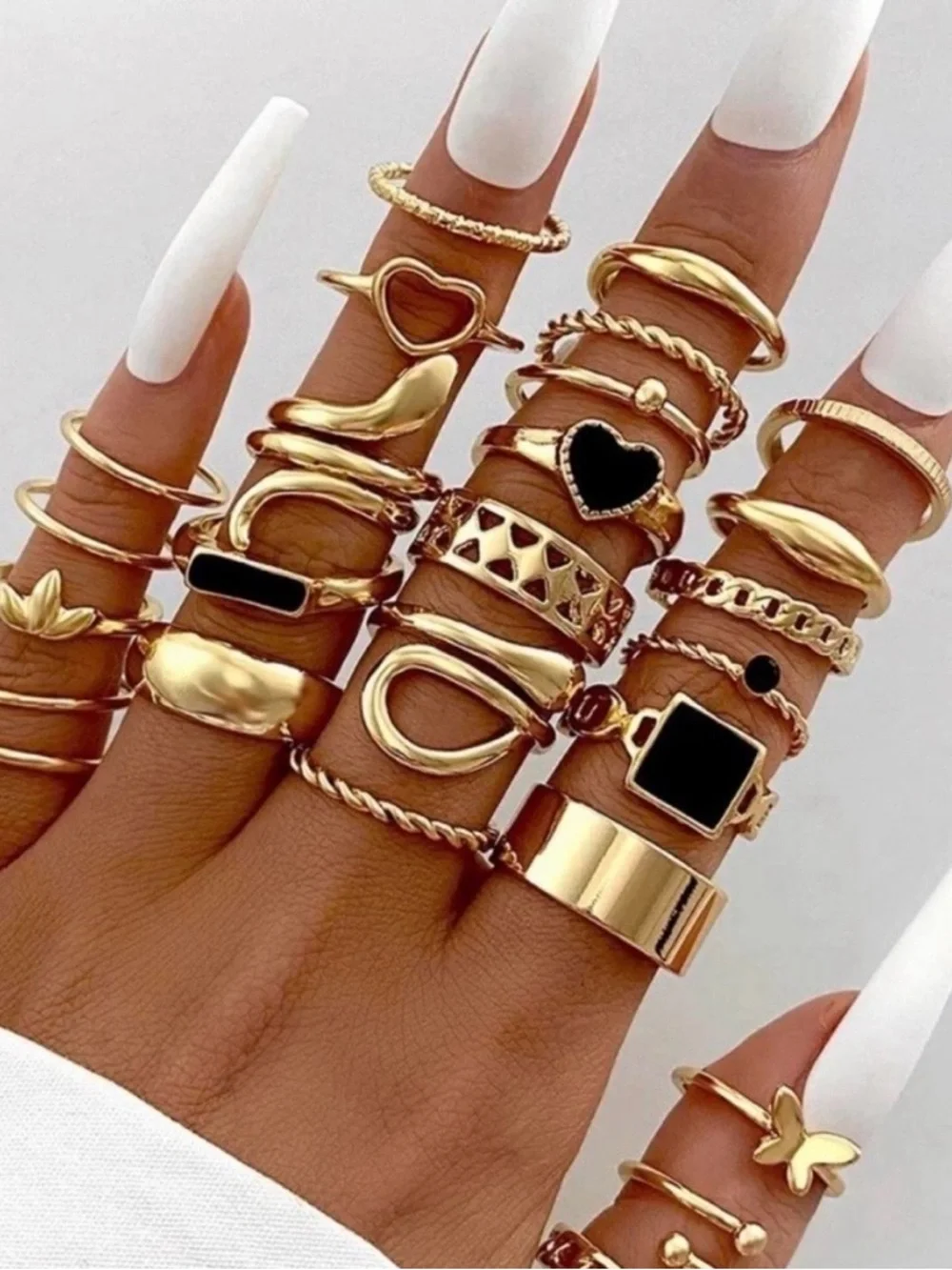 Gold Plated Stackable Ring Set - Stainless Steel, Black Enamel Accents